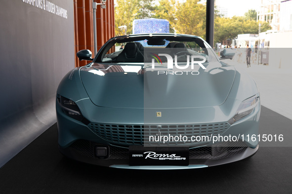 A Ferrari Roma is displayed in the main exhibition hall at WDCC2024 in Shanghai, China, on September 27, 2024. 