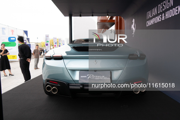 A Ferrari Roma is displayed in the main exhibition hall at WDCC2024 in Shanghai, China, on September 27, 2024. 