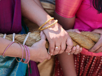 Women pull the chariot as Tamil Hindu devotees take part in the chariot procession (ther) during the Ganesha Mahotshava Vingnapanam Festival...