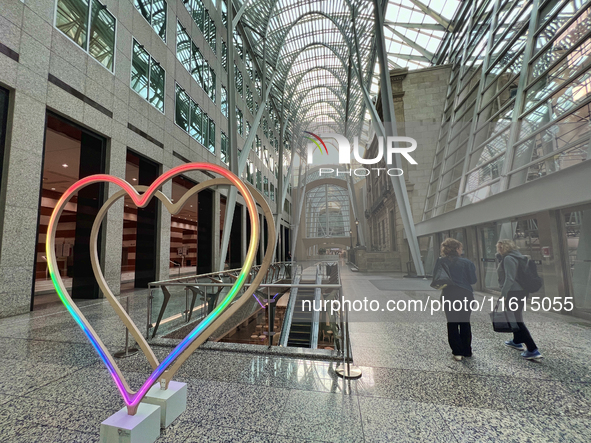 A rainbow-colored heart is on display during Pride Month at Brookfield Place in Toronto, Ontario, Canada, on June 12, 2024. LGBTQ Pride Mont...