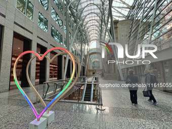 A rainbow-colored heart is on display during Pride Month at Brookfield Place in Toronto, Ontario, Canada, on June 12, 2024. LGBTQ Pride Mont...