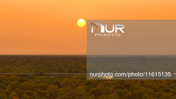 The sun rises over the Tarim River Bridge on a desert highway in Bazhou, Xinjiang province, China, on September 23, 2024. 