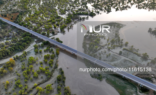 The Populus euphratica forest wetland lies on both sides of the Tarim River Bridge along the desert highway in Bazhou, Xinjiang province, Ch...