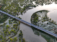 The Populus euphratica forest wetland lies on both sides of the Tarim River Bridge along the desert highway in Bazhou, Xinjiang province, Ch...