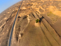 In Bazhou, Xinjiang, China, on September 23, 2024, Desert Highway ''One Tree'' Scenic Spot. (