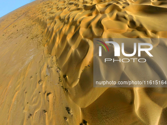 A panoramic view of the ''Whale Sand Mountain'' scenic spot on the desert highway in Bazhou, Xinjiang, China, on September 23, 2024. (