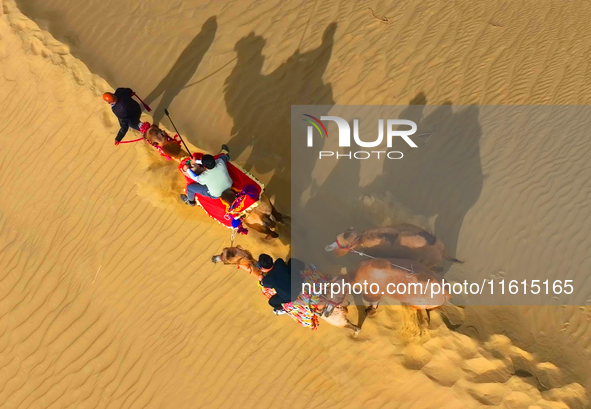 Tourists ride camels to view the scenery of nature in Bazhou, Xinjiang, China, on September 23, 2024. 