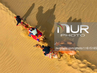 Tourists ride camels to view the scenery of nature in Bazhou, Xinjiang, China, on September 23, 2024. (