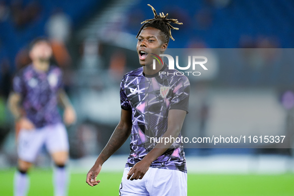 Nico Williams of Athletic Club reacts during the UEFA Europa League 2024/25 League Phase MD1 match between AS Roma and Athletic Club at Stad...