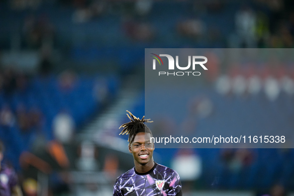 Nico Williams of Athletic Club smiles during the UEFA Europa League 2024/25 League Phase MD1 match between AS Roma and Athletic Club at Stad...