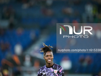 Nico Williams of Athletic Club smiles during the UEFA Europa League 2024/25 League Phase MD1 match between AS Roma and Athletic Club at Stad...