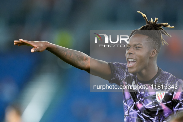 Nico Williams of Athletic Club gestures during the UEFA Europa League 2024/25 League Phase MD1 match between AS Roma and Athletic Club at St...