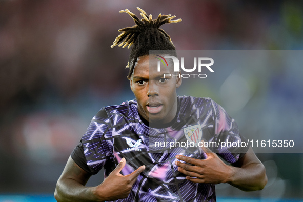 Nico Williams of Athletic Club gestures during the UEFA Europa League 2024/25 League Phase MD1 match between AS Roma and Athletic Club at St...