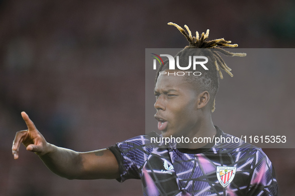 Nico Williams of Athletic Club gestures during the UEFA Europa League 2024/25 League Phase MD1 match between AS Roma and Athletic Club at St...