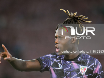 Nico Williams of Athletic Club gestures during the UEFA Europa League 2024/25 League Phase MD1 match between AS Roma and Athletic Club at St...