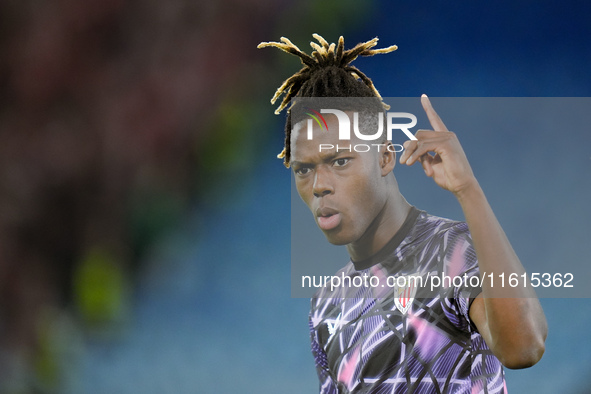 Nico Williams of Athletic Club gestures during the UEFA Europa League 2024/25 League Phase MD1 match between AS Roma and Athletic Club at St...