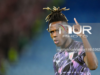 Nico Williams of Athletic Club gestures during the UEFA Europa League 2024/25 League Phase MD1 match between AS Roma and Athletic Club at St...