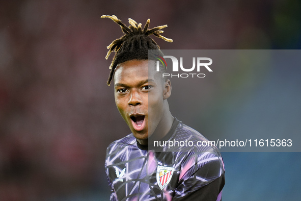 Nico Williams of Athletic Club looks on during the UEFA Europa League 2024/25 League Phase MD1 match between AS Roma and Athletic Club at St...