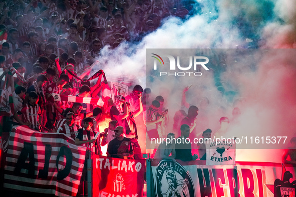 Supporters of Athletic Club during the UEFA Europa League 2024/25 League Phase MD1 match between AS Roma and Athletic Club at Stadio Olimpic...