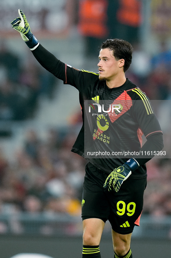 Mile Svilar of AS Roma gestures during the UEFA Europa League 2024/25 League Phase MD1 match between AS Roma and Athletic Club at Stadio Oli...