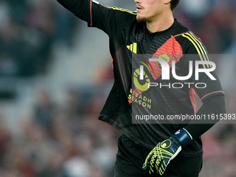 Mile Svilar of AS Roma gestures during the UEFA Europa League 2024/25 League Phase MD1 match between AS Roma and Athletic Club at Stadio Oli...