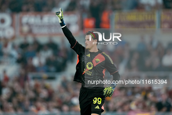 Mile Svilar of AS Roma gestures during the UEFA Europa League 2024/25 League Phase MD1 match between AS Roma and Athletic Club at Stadio Oli...