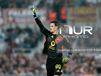 Mile Svilar of AS Roma gestures during the UEFA Europa League 2024/25 League Phase MD1 match between AS Roma and Athletic Club at Stadio Oli...