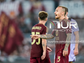 Angelino of AS Roma gestures during the UEFA Europa League 2024/25 League Phase MD1 match between AS Roma and Athletic Club at Stadio Olimpi...