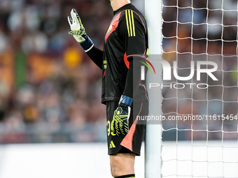 Mile Svilar of AS Roma gestures during the UEFA Europa League 2024/25 League Phase MD1 match between AS Roma and Athletic Club at Stadio Oli...