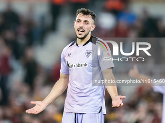 Aitor Paredes of Athletic Club gestures during the UEFA Europa League 2024/25 League Phase MD1 match between AS Roma and Athletic Club at St...