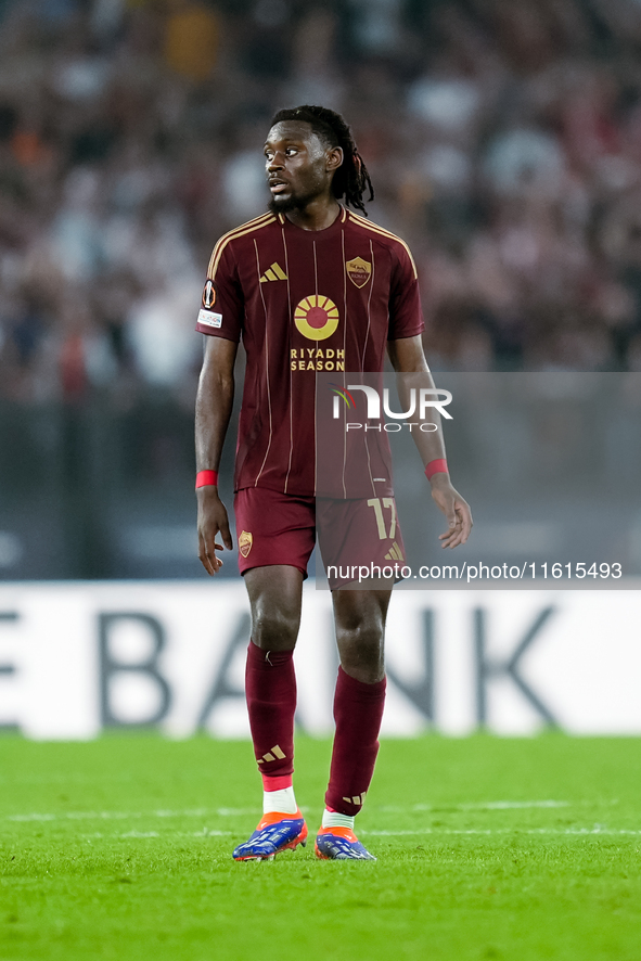 Manu Kone' of AS Roma  looks on during the UEFA Europa League 2024/25 League Phase MD1 match between AS Roma and Athletic Club at Stadio Oli...