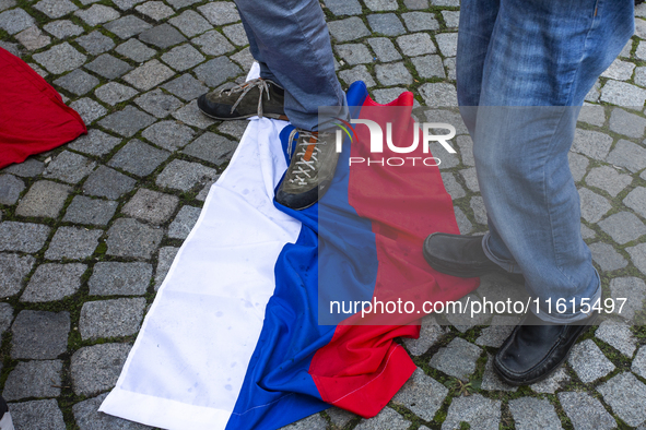 Protests against the Russian invasion of Ukraine take place in front of the Russian Cultural Information Center in Sofia, Bulgaria, on Septe...