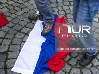 Protests against the Russian invasion of Ukraine take place in front of the Russian Cultural Information Center in Sofia, Bulgaria, on Septe...