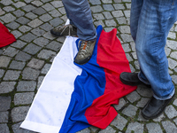 Protests against the Russian invasion of Ukraine take place in front of the Russian Cultural Information Center in Sofia, Bulgaria, on Septe...