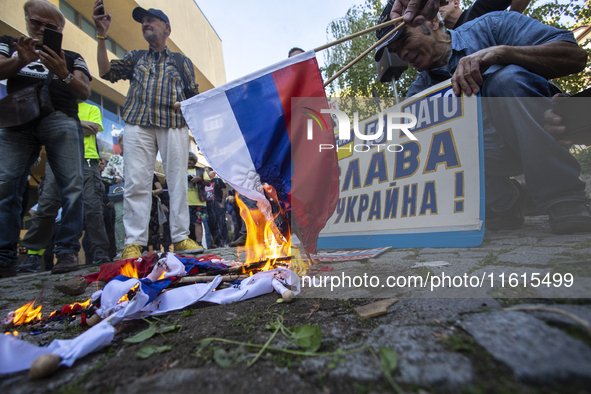 Protests against the Russian invasion of Ukraine take place in front of the Russian Cultural Information Center in Sofia, Bulgaria, on Septe...