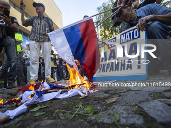 Protests against the Russian invasion of Ukraine take place in front of the Russian Cultural Information Center in Sofia, Bulgaria, on Septe...