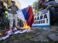 Protests against the Russian invasion of Ukraine take place in front of the Russian Cultural Information Center in Sofia, Bulgaria, on Septe...