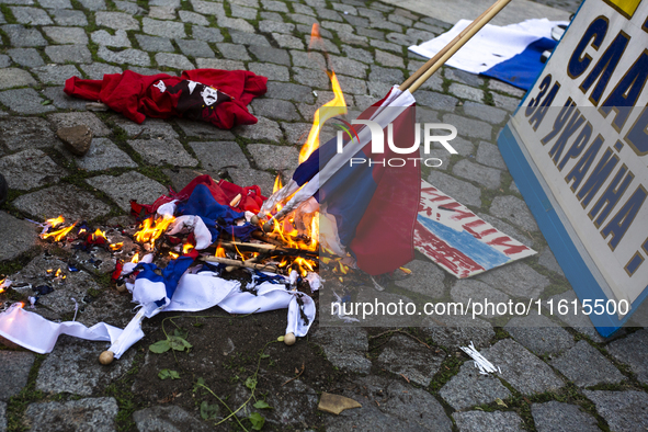 Protests against the Russian invasion of Ukraine take place in front of the Russian Cultural Information Center in Sofia, Bulgaria, on Septe...