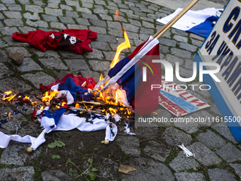 Protests against the Russian invasion of Ukraine take place in front of the Russian Cultural Information Center in Sofia, Bulgaria, on Septe...