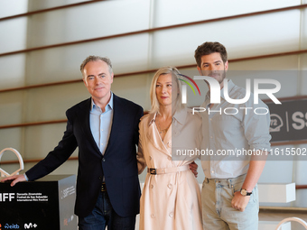 John Crowley, Andrew Garfield, and Fiona Weir attend the photocall for ''We Live in the Time'' during the 72nd San Sebastian International F...