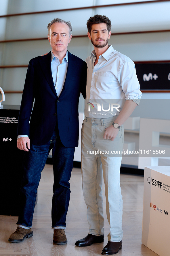 John Crowley and Andrew Garfield attend the photocall for ''We Live in the Time'' during the 72nd San Sebastian International Film Festival...