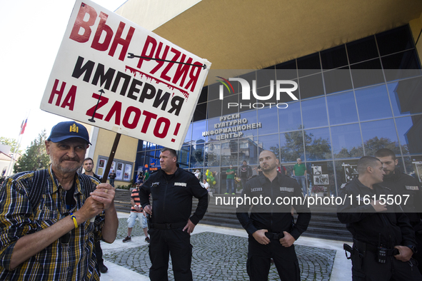 Protests against the Russian invasion of Ukraine take place in front of the Russian Cultural Information Center in Sofia, Bulgaria, on Septe...