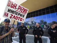 Protests against the Russian invasion of Ukraine take place in front of the Russian Cultural Information Center in Sofia, Bulgaria, on Septe...