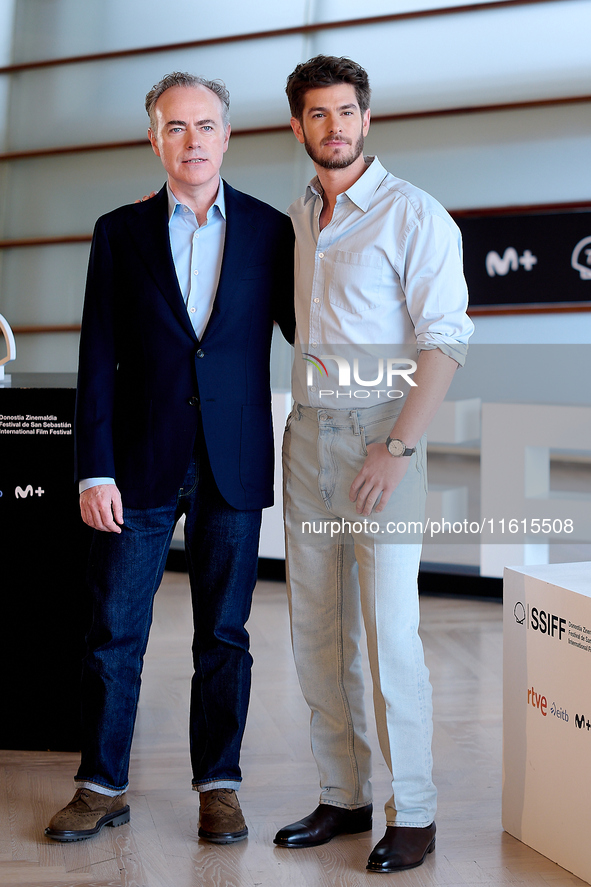 John Crowley and Andrew Garfield attend the photocall for ''We Live in the Time'' during the 72nd San Sebastian International Film Festival...