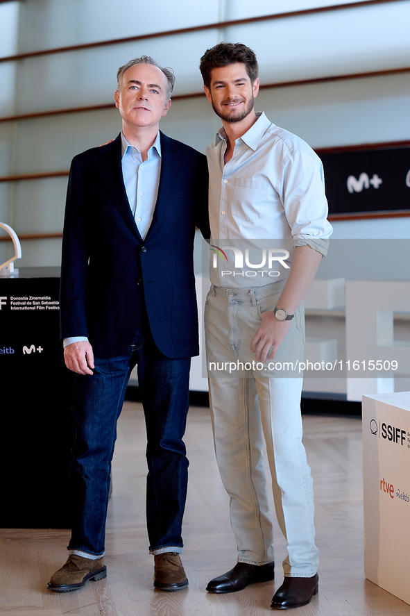 John Crowley and Andrew Garfield attend the photocall for ''We Live in the Time'' during the 72nd San Sebastian International Film Festival...