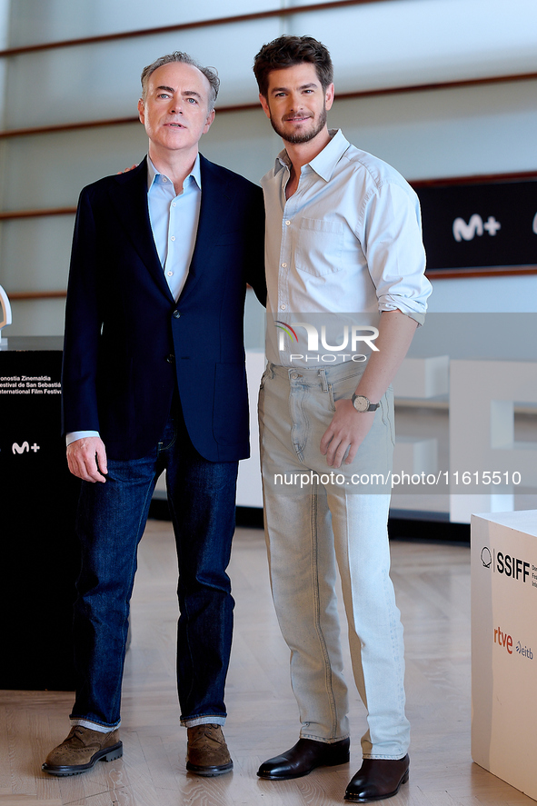 John Crowley and Andrew Garfield attend the photocall for ''We Live in the Time'' during the 72nd San Sebastian International Film Festival...