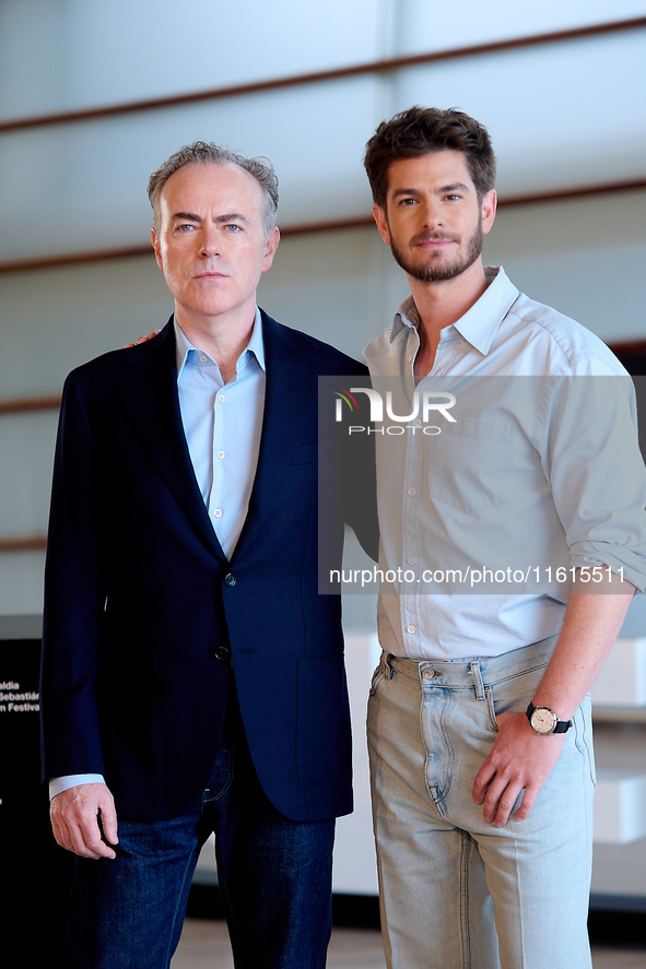 John Crowley and Andrew Garfield attend the photocall for ''We Live in the Time'' during the 72nd San Sebastian International Film Festival...