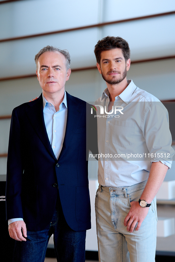 John Crowley and Andrew Garfield attend the photocall for ''We Live in the Time'' during the 72nd San Sebastian International Film Festival...