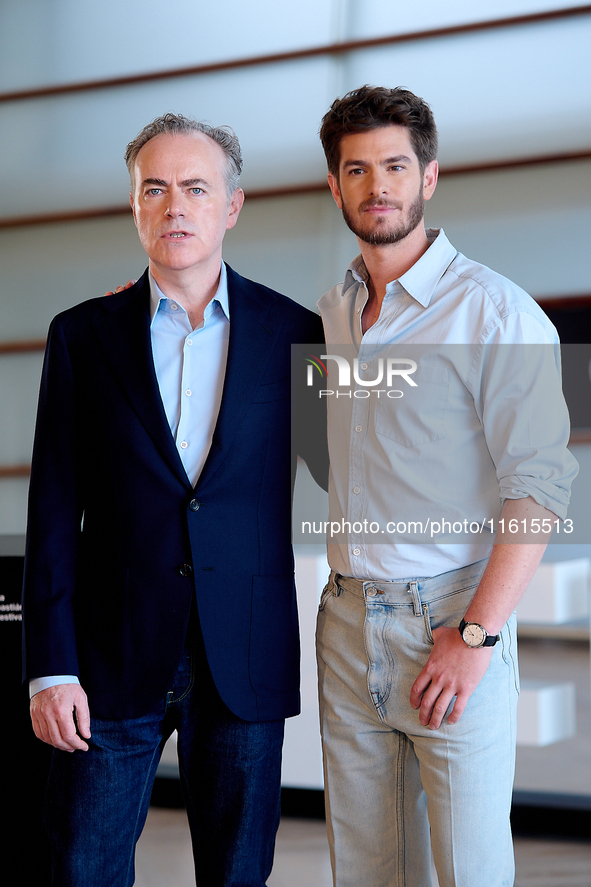 John Crowley and Andrew Garfield attend the photocall for ''We Live in the Time'' during the 72nd San Sebastian International Film Festival...