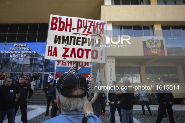 Protests against the Russian invasion of Ukraine take place in front of the Russian Cultural Information Center in Sofia, Bulgaria, on Septe...